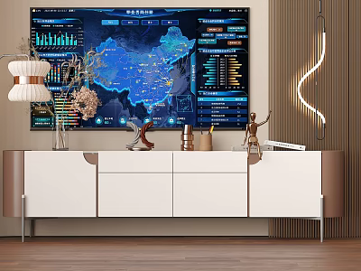 Modern White And Brown TV Stand With Large Screen Data Charts China Map And Decorations 3d model