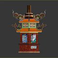 Cartoon Scene Ornate Traditional Lantern With Red Green Hues Dragon Decorations And Tower Structure
