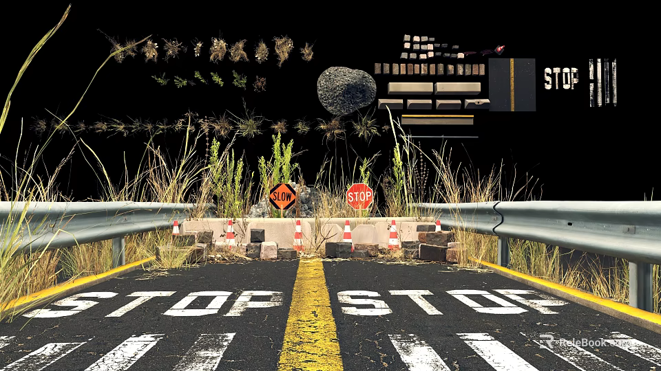 Road With Stop Signs Barriers Yellow Dividing Line Guardrails And Grass 3d model 