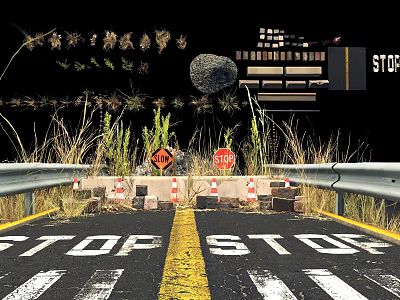 Road With Stop Signs Barriers Yellow Dividing Line Guardrails And Grass 3d model