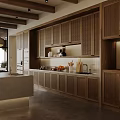 Modern Open Dining Living Room Interior With Wooden Beams Pendant Lights And Island Counter
