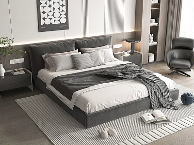 Modern Double Bed with Gray White Bedding Nightstand Wall Art and Armchair 3d model