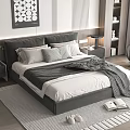 Modern Double Bed with Gray White Bedding Nightstand Wall Art and Armchair