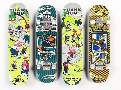 Skateboards Featuring Cartoon Characters Thank You Text And Colorful Branding Designs 3d model