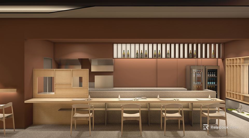 Cozy Restaurant Interior With Brown Wall Bar Counter Wine Rack And Wooden Chairs 3d model 