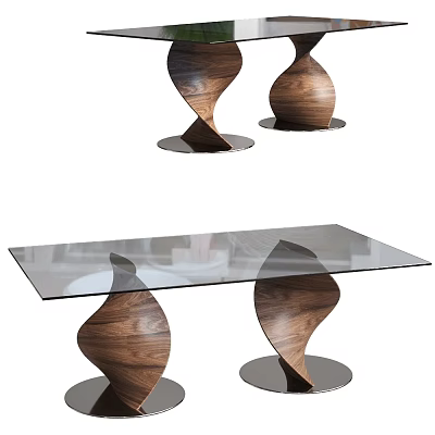 Modern Glass Top Dining Table Featuring Walnut Twisted Legs And Sleek Design 3d model