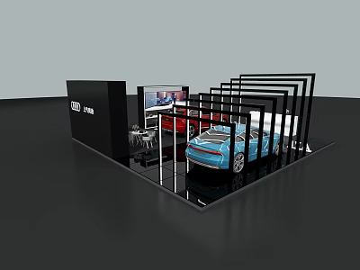 JD com Exhibition Booth Featuring Blue Convertible Car And Black Display Structures 3d model