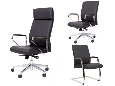 Black Leather Office Chair With Metal Armrests Wheels And Modern Design 3d model
