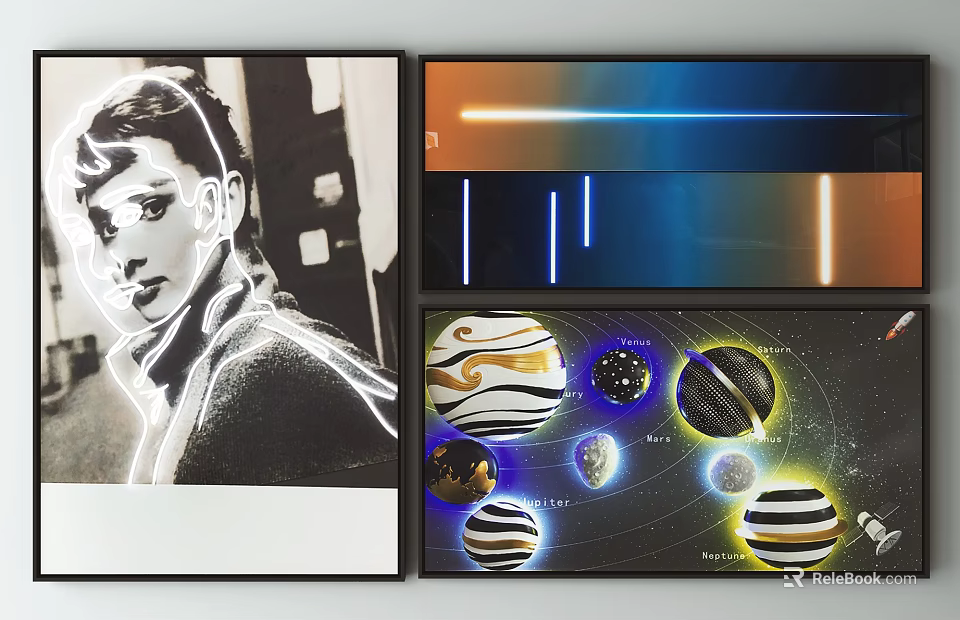 Artwork Collection With Portrait Abstract Light And Planets Design Prints 3d model 