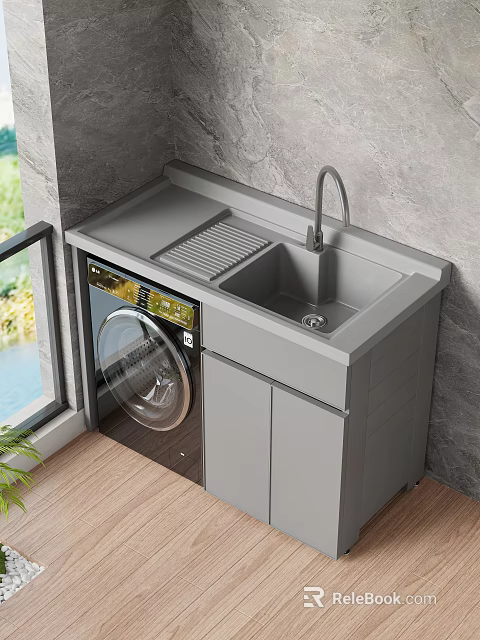 Gray Laundry Cabinet With Sink Countertop And Washing Machine By Window 3d model 