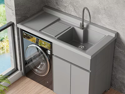 Gray Laundry Cabinet With Sink Countertop And Washing Machine By Window 3d model