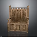 Ornate Wooden Bench With Intricate Carvings Armrests And Decorative Paneled Design
