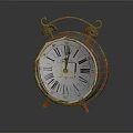 Vintage Alarm Clock with Two Bells Roman Numerals and Red Base on Dark Surface