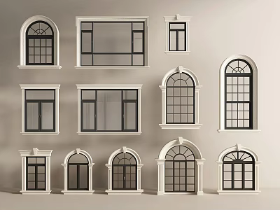 Casement Windows With White Frames Black Panes Arched Rectangular Shapes And Various Styles 3d model