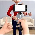 Cartoon Scene of Hands Holding Selfie Stick with Smartphone in Living Room Background