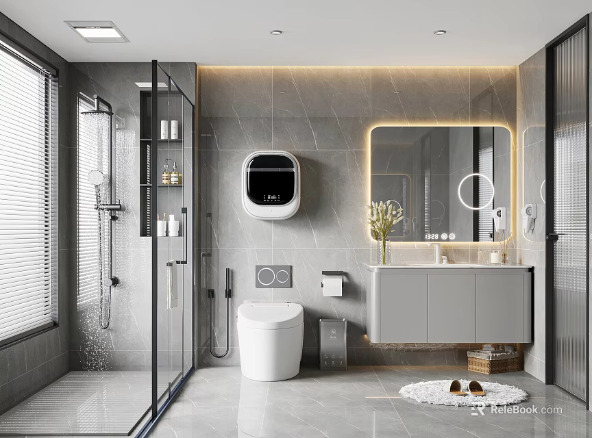 Modern Bathroom Design With Glass Shower Smart Toilet Backlit Mirror Vanity And Gray Marble Walls 3d model 