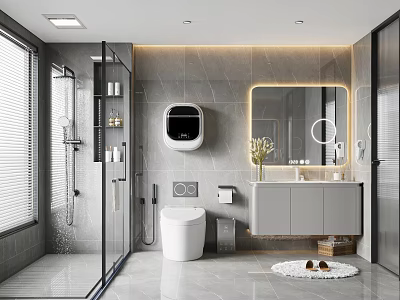 Modern Bathroom Design With Glass Shower Smart Toilet Backlit Mirror Vanity And Gray Marble Walls 3d model