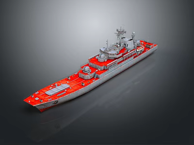 Detailed 3D Military Ship Model With Red Deck White Hull And Antennas 3d model