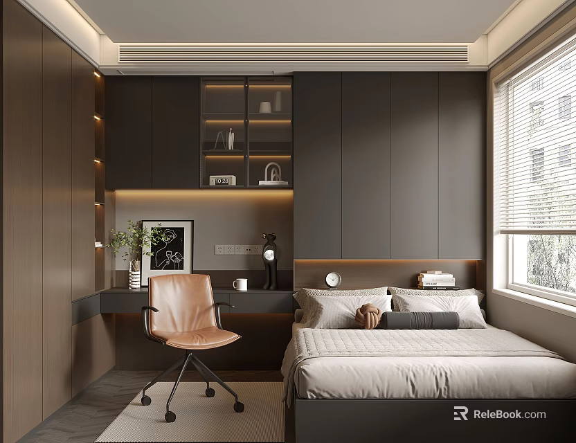 Modern Tatami Bedroom Interior Design With Desk Chair Window Blinds And Cozy Bedding 3d model 