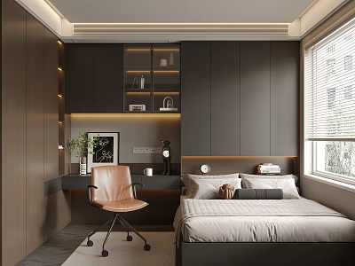 Modern Tatami Bedroom Interior Design With Desk Chair Window Blinds And Cozy Bedding 3d model