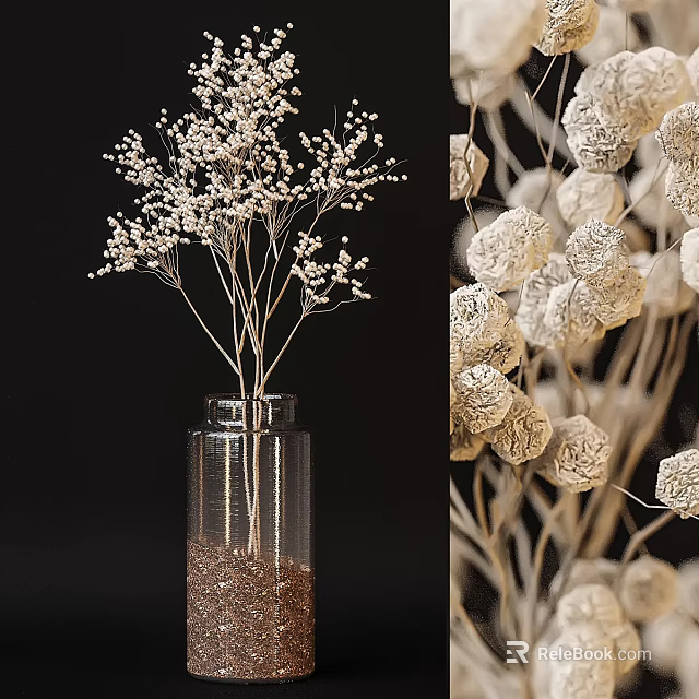 Transparent Glass Vase With White Dried Floral Stems And Brown Decorative Pebbles 3d model 