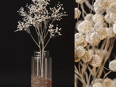 Transparent Glass Vase With White Dried Floral Stems And Brown Decorative Pebbles 3d model