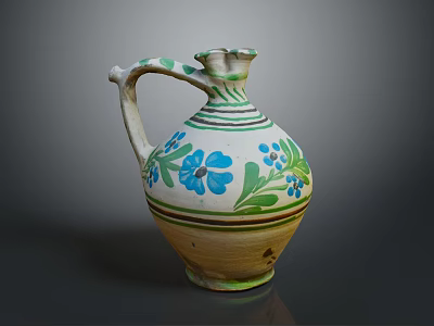 Traditional Ceramic Jug With Green And Blue Floral Patterns And Curved Handle 3d model