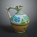 Traditional Ceramic Jug With Green And Blue Floral Patterns And Curved Handle