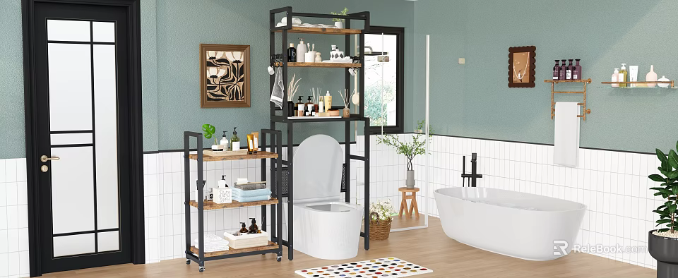 Multi tiered Bathroom Cabinet Rack With Metal Frame Wooden Shelves And Toiletries In Modern Bathroom 3d model 