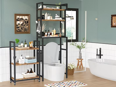 Multi tiered Bathroom Cabinet Rack With Metal Frame Wooden Shelves And Toiletries In Modern Bathroom 3d model