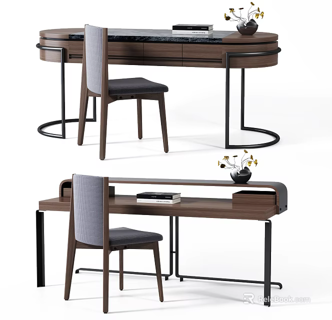 Modern Wooden Desk With Metal Frame Comfortable Chair And Decorative Items 3d model 