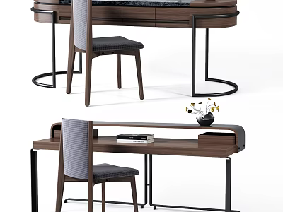 Modern Wooden Desk With Metal Frame Comfortable Chair And Decorative Items 3d model