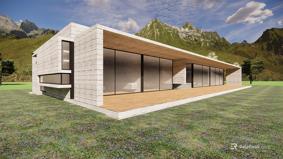 Modern Detached Villa Featuring White Stone Walls Large Glass Windows Wooden Deck And Mountain Backdrop 3d model 