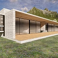 Modern Detached Villa Featuring White Stone Walls Large Glass Windows Wooden Deck And Mountain Backdrop