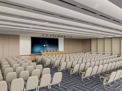Spacious Modern Conference Room With Neatly Arranged White Seats And Large Screen 3d model