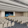 Spacious Modern Conference Room With Neatly Arranged White Seats And Large Screen