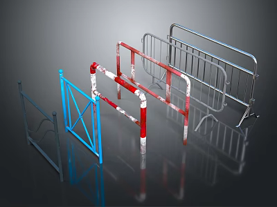 Different Types of Metal Barriers Including Blue Red White Striped and Silver Fences 3d model
