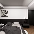 Minimalist Modern Bedroom Interior With Abstract Painting Gray Blanket Pillows Pendant Lights And Wooden Floor