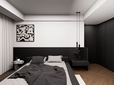 Minimalist Modern Bedroom Interior With Abstract Painting Gray Blanket Pillows Pendant Lights And Wooden Floor 3d model