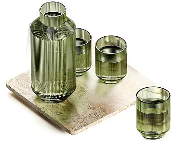 Green Striped Glass Cups with Matching Vase on Beige Stone Slab Tray 3d model