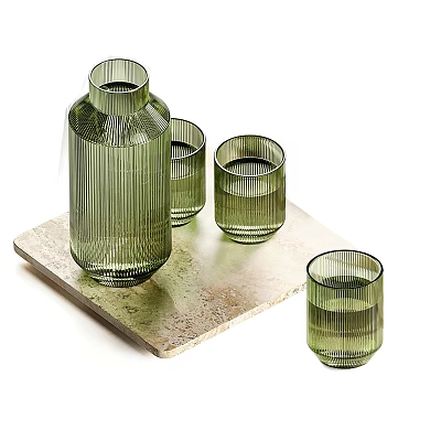 Green Striped Glass Cups with Matching Vase on Beige Stone Slab Tray 3d model