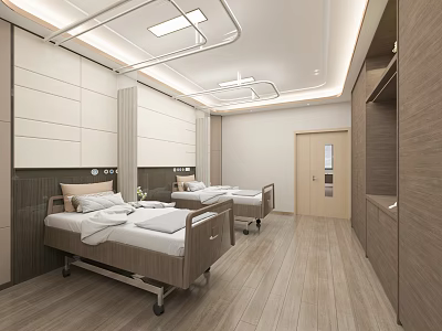 Modern Hospital Room Interior With Medical Beds Wooden Flooring And White Walls 3d model