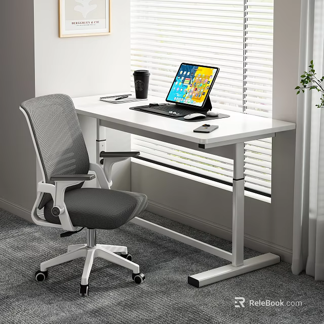 Modern Office Desk With Laptop Black Cup Phone And Gray Chair By Window Blinds 3d model 
