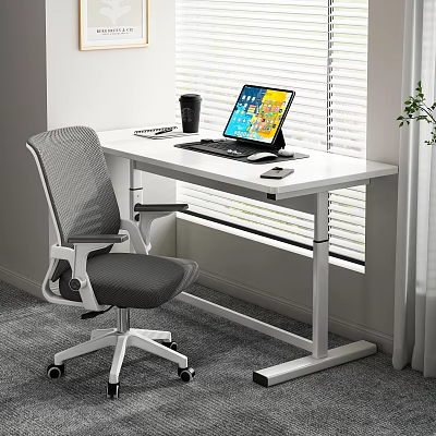Modern Office Desk With Laptop Black Cup Phone And Gray Chair By Window Blinds 3d model