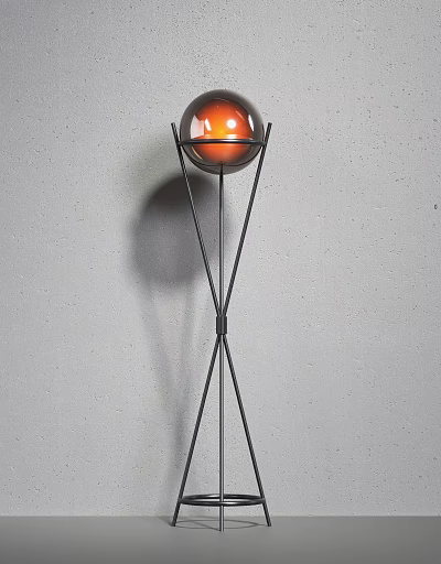 Modern Floor Lamp With Black Metal Tripod Stand And Orange Spherical Lampshade Against Gray Wall 3d model
