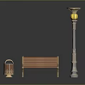 Outdoor Street Furniture Collection With Wooden Bench Decorative Lamp Post And Metal Trash Can