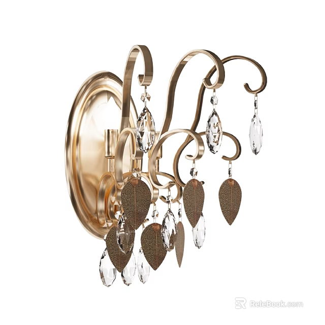 Elegant Gold Wall Sconce With Curved Metal Frame Crystal Pendants And Leaf Decorations 3d model 