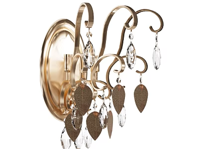 Elegant Gold Wall Sconce With Curved Metal Frame Crystal Pendants And Leaf Decorations 3d model