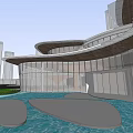 Modern Sales Office Building With Curved Architectural Design Glass Curtain Walls And Water Reflection