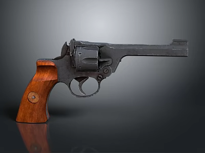 Close Up View Of Classic Revolver With Wooden Grip And Metal Body 3d model